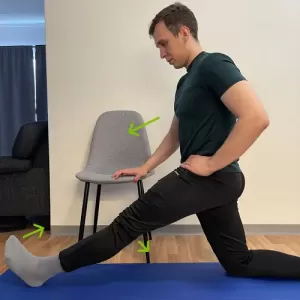 kneeling gastrocnemius stretch with chair hamstring stretch